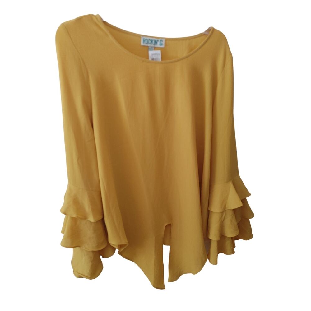 Rockin' C Blouse Layered Sleeves Flowy Lightweight Tie Front Large NWT